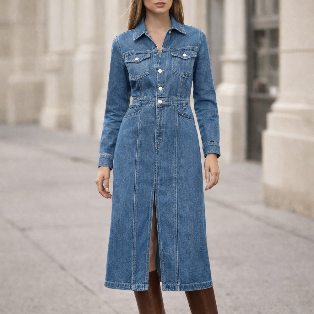 Lulus Denim Midi Dress Front Slit Button Front Pockets‎ – S (Fits S/M) Western